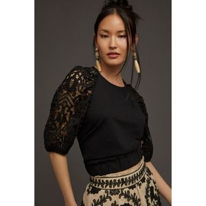 Anthropologie Dolan Lace-Sleeve Sweatshirt Top XS Black Keyhole Back NWOT